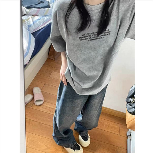 纯棉美式复古灰色正肩短袖t恤女