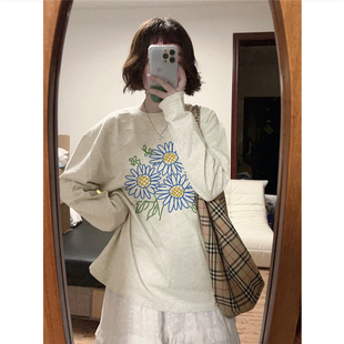 小众设计感慵懒打底衫 t恤女2026新款 复古向日葵正肩长袖 纯棉美式