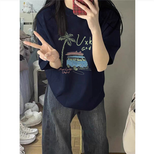 美式复古设计感正肩短袖t恤女