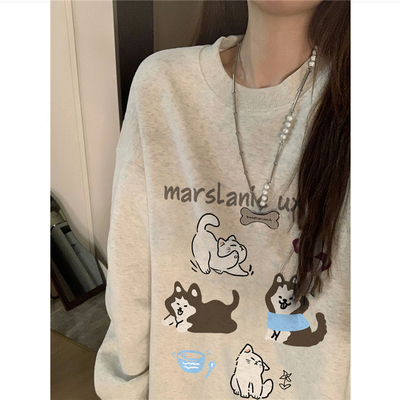 纯棉美式复古卡通无帽灰色卫衣女