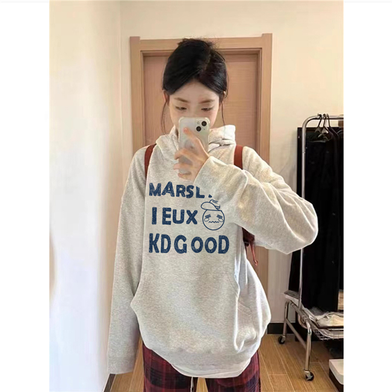 纯棉美式潮牌灰色连帽卫衣女加绒