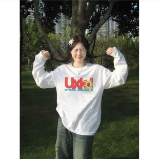 宽松潮流白色打底衫 纯棉美式 秋季 t恤女2026新款 高街字母正肩长袖