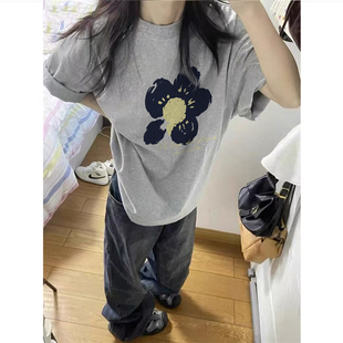 慵懒风独特半袖 纯棉潮牌美式 宽松韩版 灰色正肩短袖 上衣 t恤女夏季