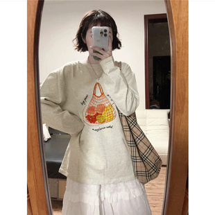 设计感小众慵懒打底体恤 t恤女2026新款 纯棉美式 创意水果正肩长袖