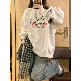 纯棉美式复古瞌睡小狗无帽卫衣女秋冬设计感小众慵懒港味chic上衣