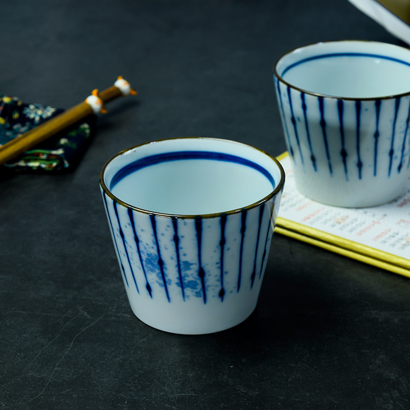 日本进口茶杯日式条纹陶瓷杯子精致蓝白色茶具居家简约复古喝水杯