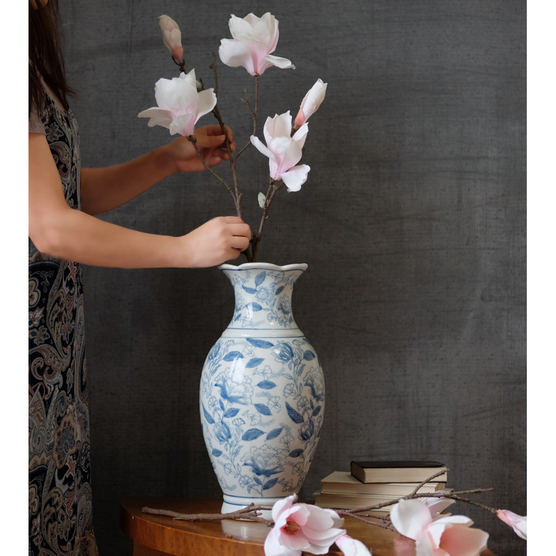新中式古典淡雅青花瓷手绘繁花陶瓷大肚花瓶鲜花花器桌面家居摆件