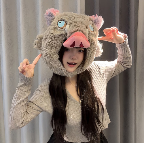 卡通毛绒伊之助猪头帽子头套猪猪连帽U型枕护颈枕旅行便携飞机枕