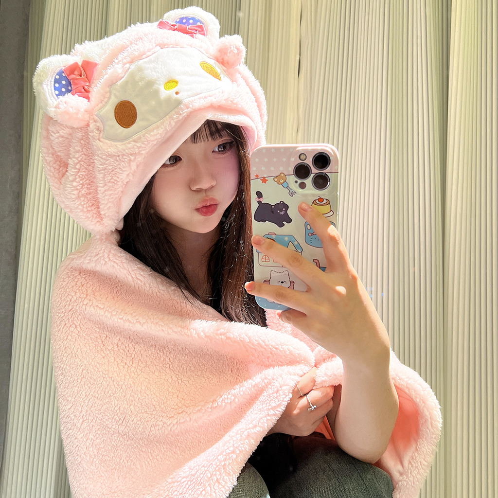 可爱少女心粉羊毛绒斗篷披肩午睡毯子懒人空调毯卡通保暖披风外套