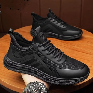 皮面防水男士 潮鞋 运动休闲鞋 软底防滑黑色工作鞋 男鞋 舒适单鞋 春季