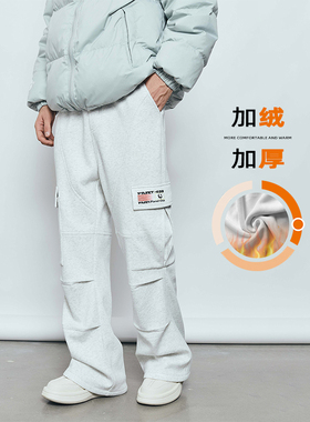 PASET潮流加绒加厚褶皱口袋休闲运动裤男束脚伞兵裤百搭工装裤子