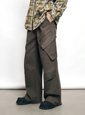 PASET咖色美式复古口袋裤子宽松直筒弯刀裤工装阔腿机能风休闲裤