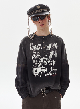 PASET亨利领印花假两件长袖美式复古人像圆领男女乐队长袖卫衣