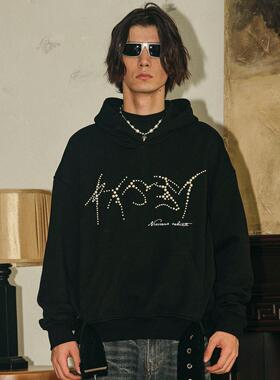 王橹杰同款PASET设计款珍珠字母钉珠连帽卫衣男重磅套头长袖上衣