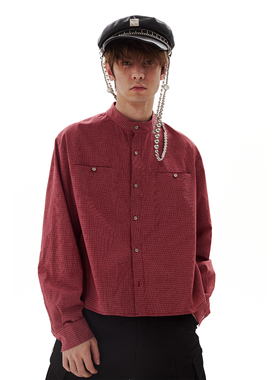 PASET短款复古格纹老花老钱风立领新中式男衬衫长袖纯棉极简上衣