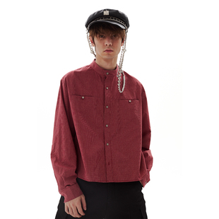 长袖 左奇函同款 男衬衫 复古格纹短宽立领新中式 纯棉极简上衣 短款