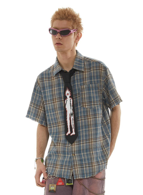 张函瑞同款PASET美式复古格子短袖衬衫T恤设计流苏破坏男女日系