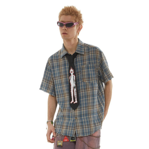 PASET美式复古格子短袖衬衫