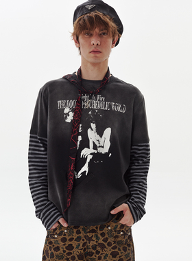 PASET复古做旧条纹拼接假两件长袖T恤男女小众朋克摇滚休闲上衣