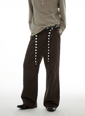 PASET美式复古巴恩工装休闲裤男女直筒微喇显瘦裤设计感多口袋裤