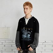 复古亨利领印花条纹假两件长袖 张桂源张奕然同款 美式 T恤男女上衣