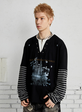 张桂源张奕然同款美式复古亨利领印花条纹假两件长袖T恤男女上衣