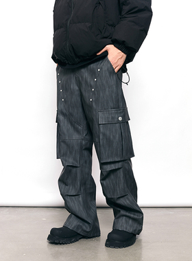 PASET小众解构vibe高街铆钉设计休闲裤男微喇裤子褶皱潮流pu皮裤