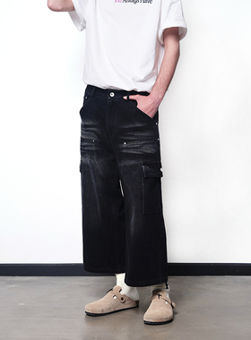 梓渝同款PASET复古水洗宽松直筒工装七分牛仔裤男阔腿街头嘻哈裤
