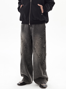 PASET原创折叠哥特美式复古骷髅铆钉牛仔裤男宽松直筒拼接长裤