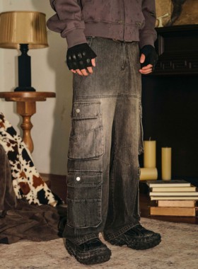 陈浚铭PASET复古潮流多口袋宽松牛仔裤阔腿美式高街裤直筒工装裤