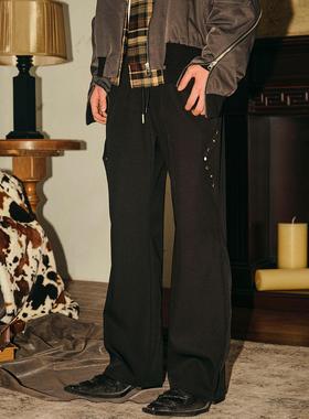 PASET抽绳美式复古街头仿宝石男女微喇宽松裤子黑色休闲西裤长裤