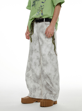 陈奕恒同款美式复古弯刀白色扎染脏脏裤男宽松直筒阔腿休闲长裤子