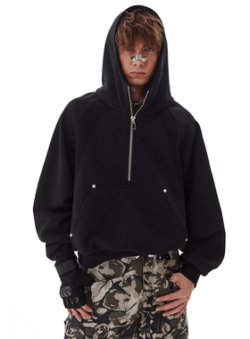 PASET复古半拉链连卫衣拼接铆钉短款宽松夹克加绒外套设计感上衣