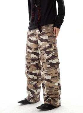 张函瑞】PASET美式复古迷彩弯刀工装裤口袋折叠印花宽松休闲长裤