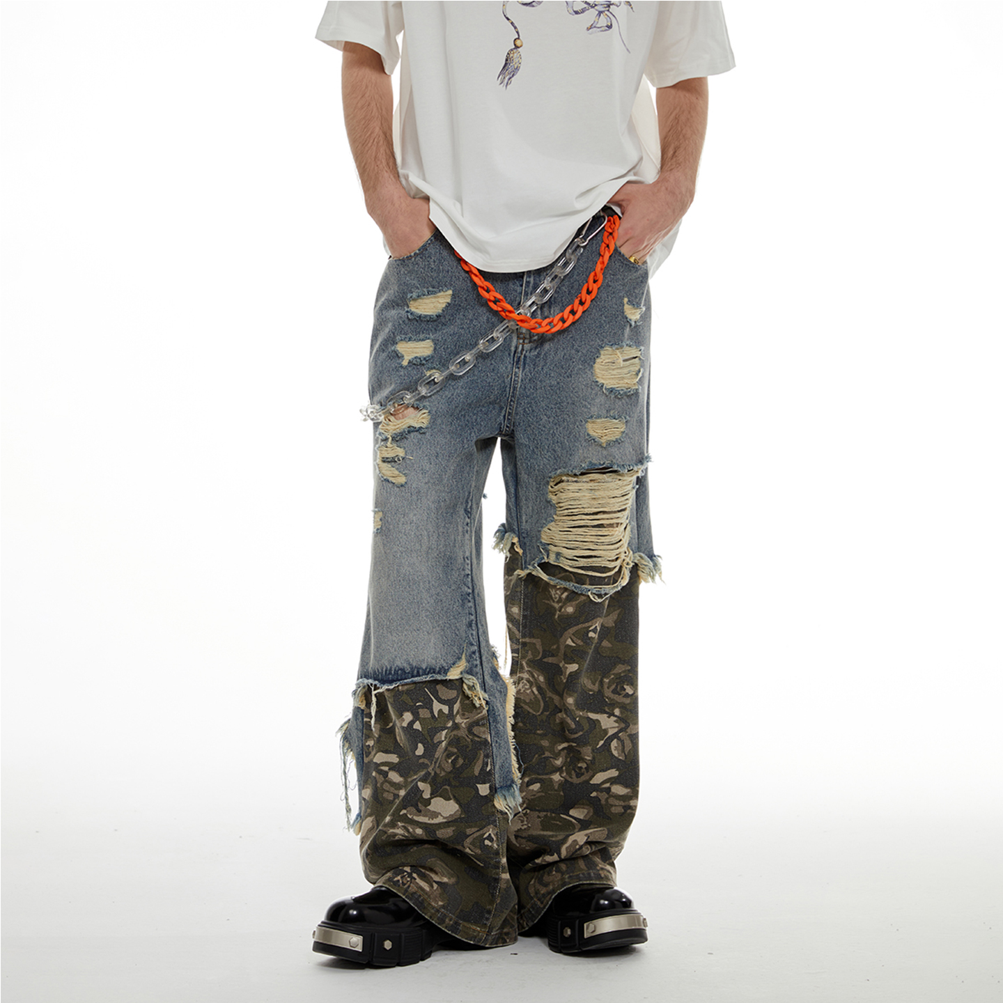 PASALIENS迷彩拼接破洞牛仔裤