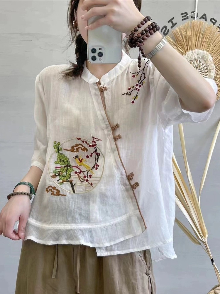 外贸出口亚麻女装加标苎麻民族风上衣刺绣立领轻薄款斜襟盘扣衬衫