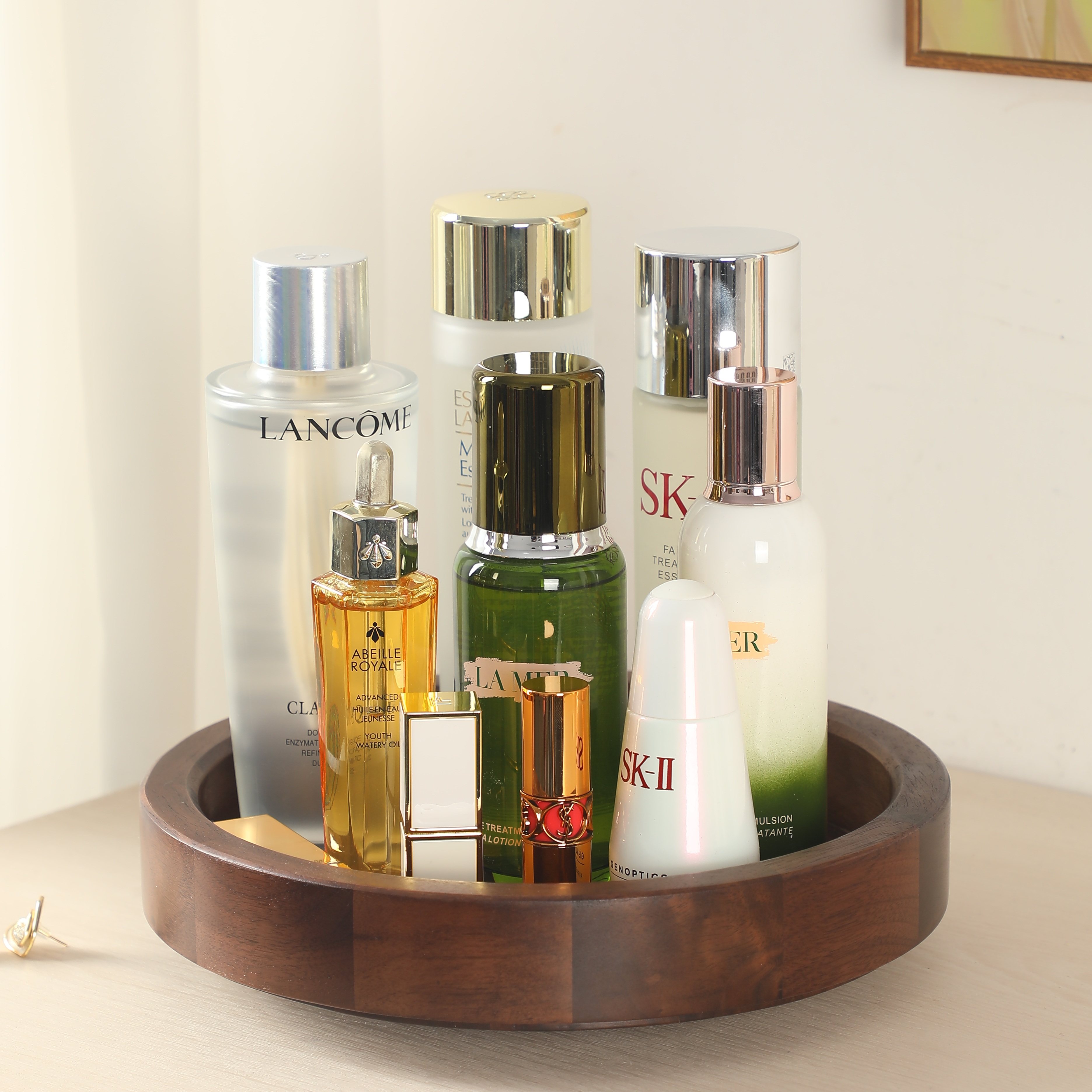 北美黑胡桃旋转化妆品收纳盒梳妆台护肤品置物架口红香水实木托盘