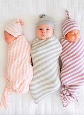 Newborn baby swaddling and hat set stripe thin swaddle