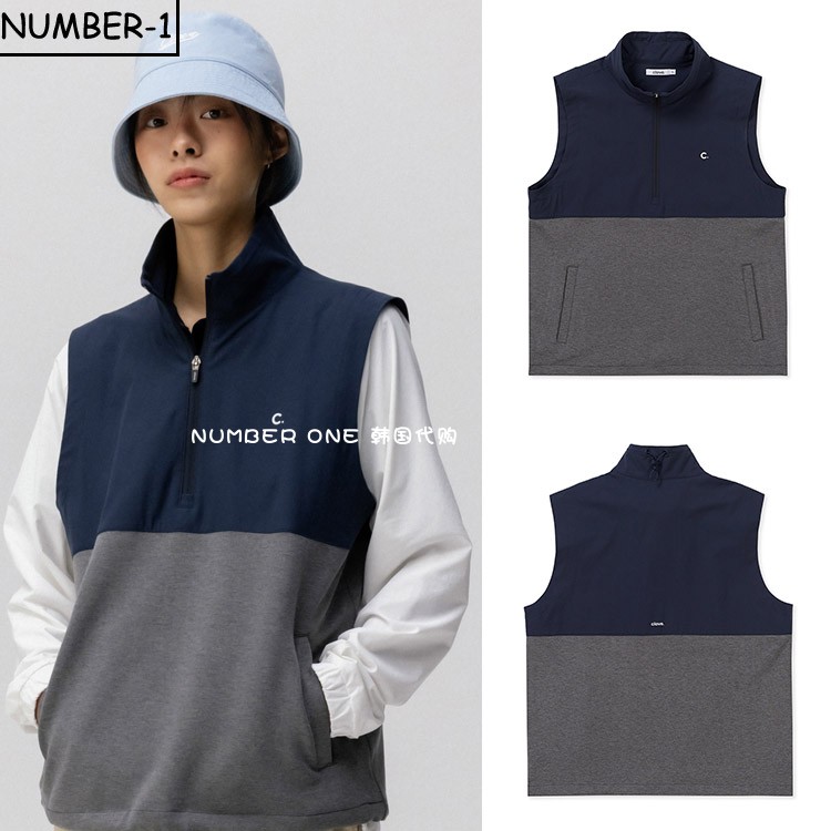 韩国代购CLOVE高尔夫球服24年春季男女弹力拼色半领叠穿无袖外套