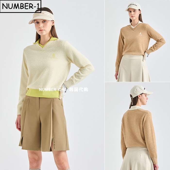 韩国代购高尔夫球服25年女冬徽标符号V领长袖羊毛针织衫防寒上衣