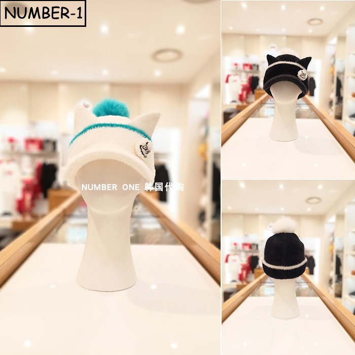 韩国代购pearly gates高尔夫球帽25年女冬徽标猫耳绒球保暖毛线帽