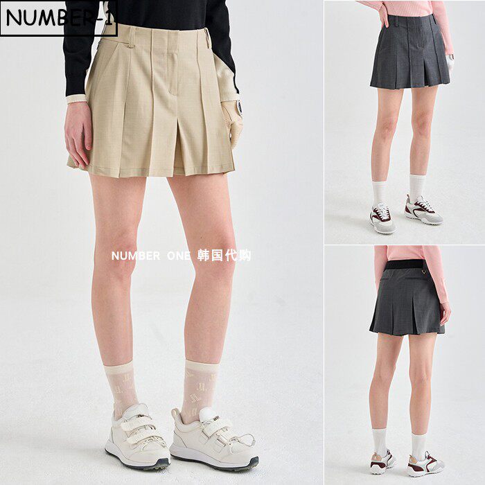 韩国代购高尔夫球服26年女春季纯色徽标侧口袋羊毛褶皱半身裙短裙