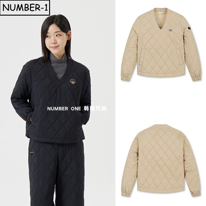 韩国代购golden bear高尔夫球服25年女冬口袋V领长袖绗缝套头上衣