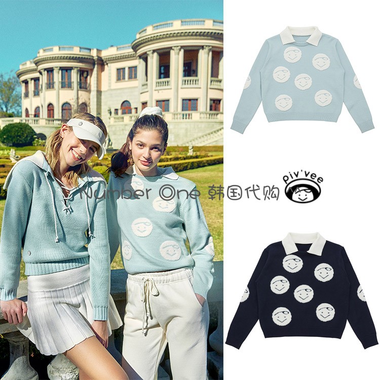韩国代购pivvee高尔夫女士22春季翻领拼色笑脸长袖上衣golf针织衫