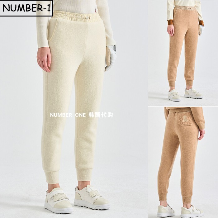 韩国代购高尔夫球服25年女冬季纯色徽标刺绣侧口袋羊毛针织慢跑裤