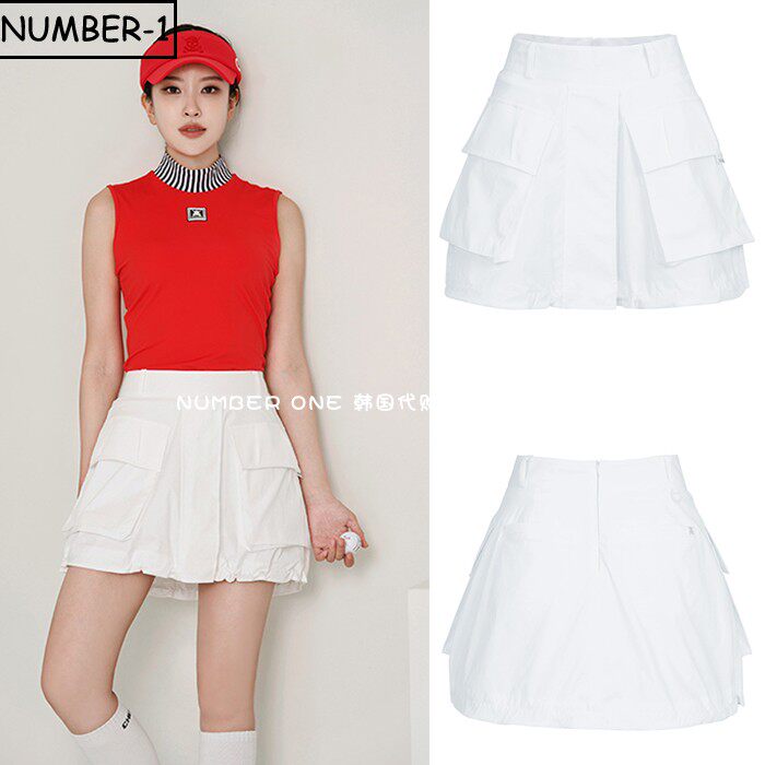 韩国代购CHUCUCHU高尔夫球服23年女夏纯色徽标翻盖口袋卷裙半身裙