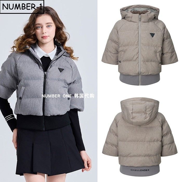 韩国代购challenger高尔夫球服25年女冬季徽标口袋连帽短袖羽绒服