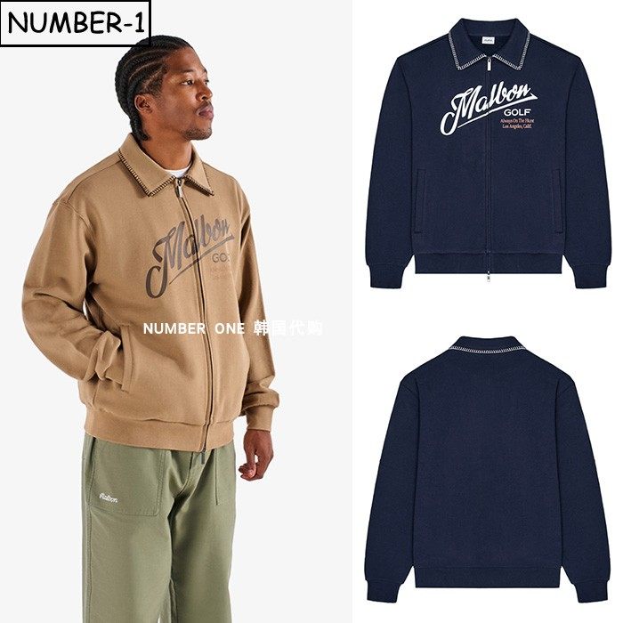 韩国代购malbon高尔夫球服25年男秋徽标口袋全拉链翻领长袖运动衫