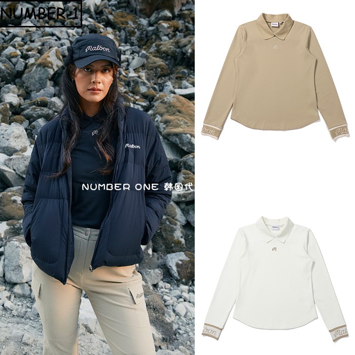 韩国代购malbon高尔夫球服24年女秋纯色徽标符号翻领长袖套头上衣