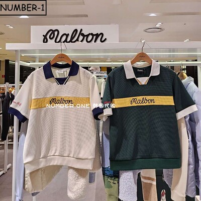 韩国代购malbon高尔夫球服25年女春夏季拼色徽标符号开领短袖T恤